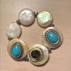 Cream, purple, and turquoise Stone Bracelet with Silver-Toned Details
